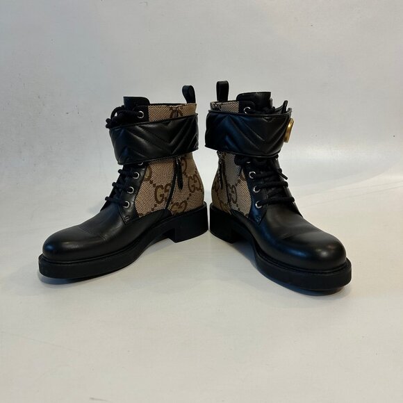 Womens Gucci Flores Ebony Mocha Guccissima Canvas Leather Moto Booties 3… - Picture 2 of 16